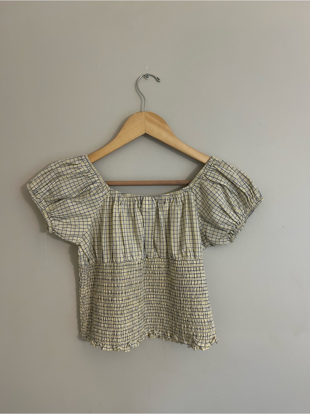 Yellow Plaid Smocked Off-Shoulder Peasant Top